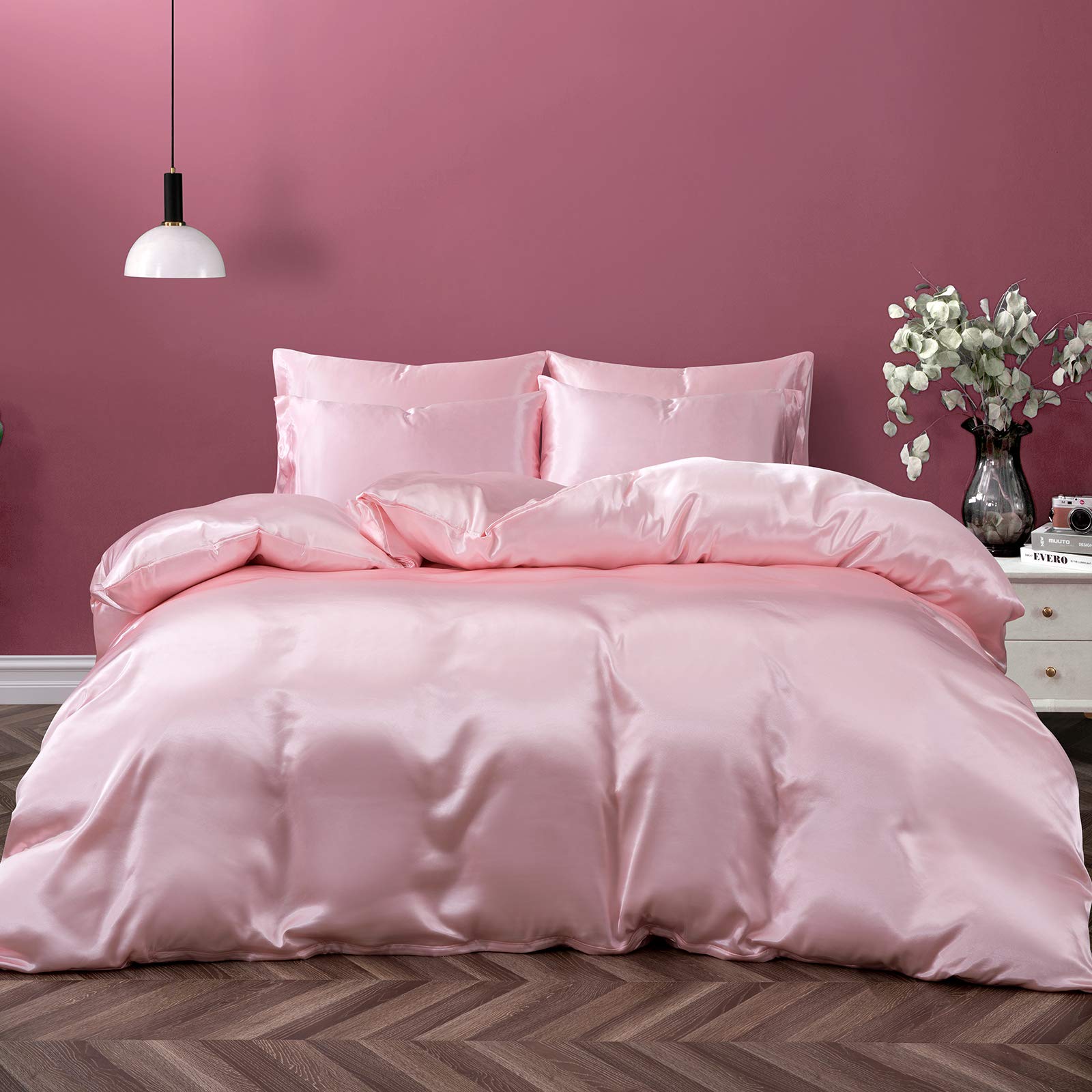 P Pothuiny 5 Pieces Satin Duvet Cover King Size Set, Luxury Silky Like Blush Pink Duvet Cover Bedding Set With Zipper Closure, 1
